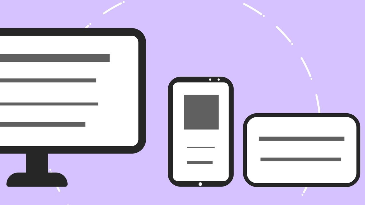 Icônes vectorielles représentant un téléphone moderne près d'un écran d'ordinateur et d'une carte bancaire, avec des lignes grises sur fond violet